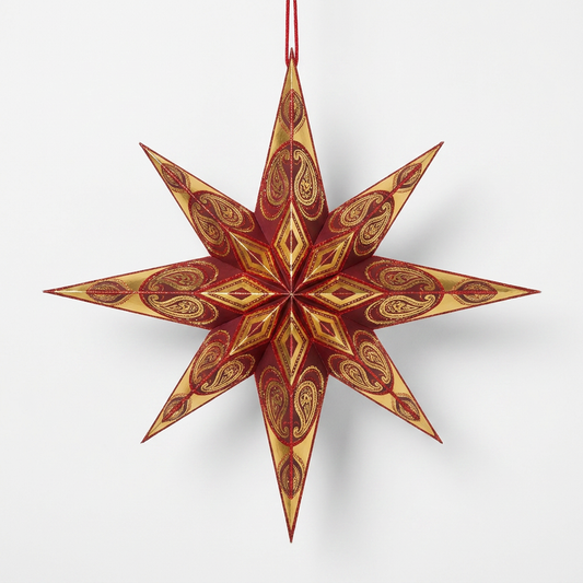 Red and Gold Eight-Point Christmas North Star Paper Lampshade on a white background
