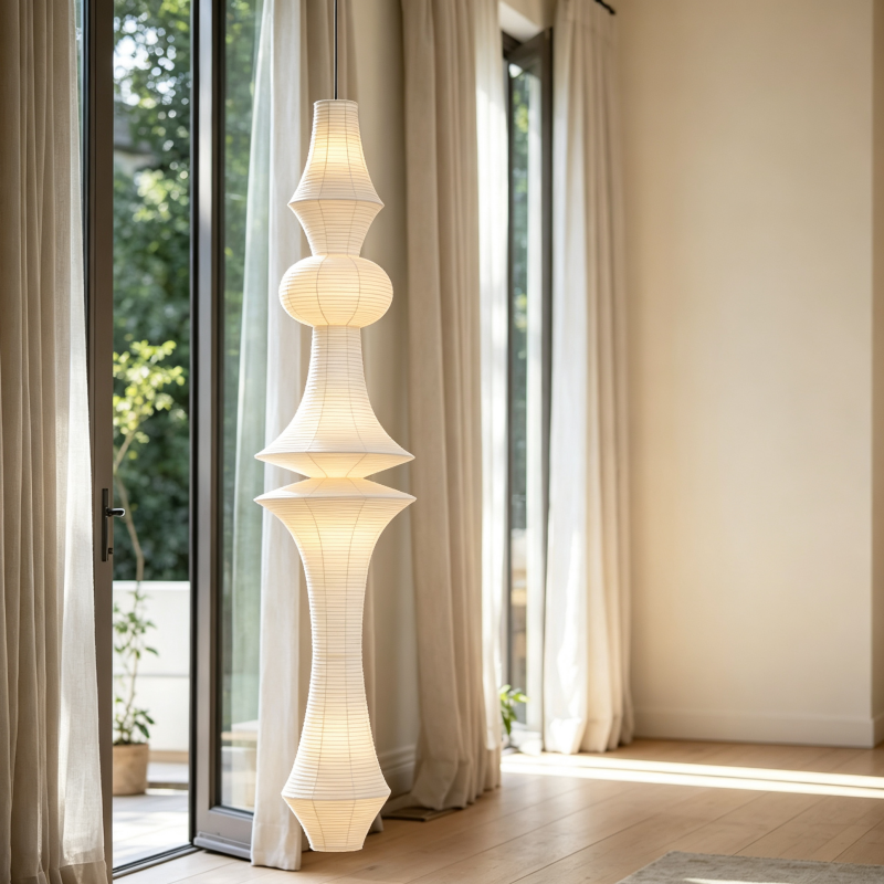 Folded Sculptural Layered Rice Paper Pendant Lamp for compact storage and shipping