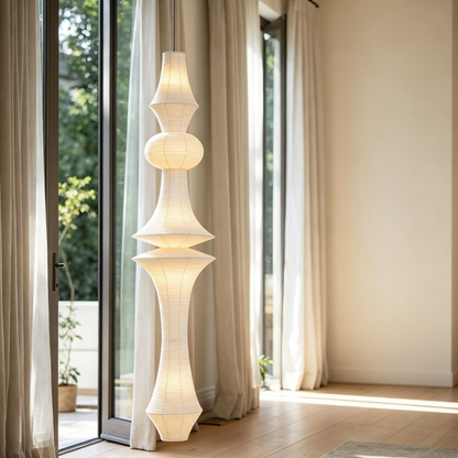 Folded Sculptural Layered Rice Paper Pendant Lamp for compact storage and shipping