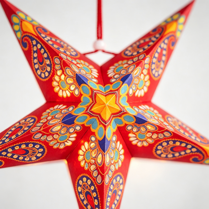 Colorful Printed Five-Point Paper Star Lampshade Set on a white background