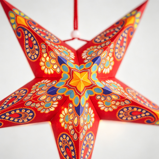 Colorful Printed Five-Point Paper Star Lampshade Set on a white background