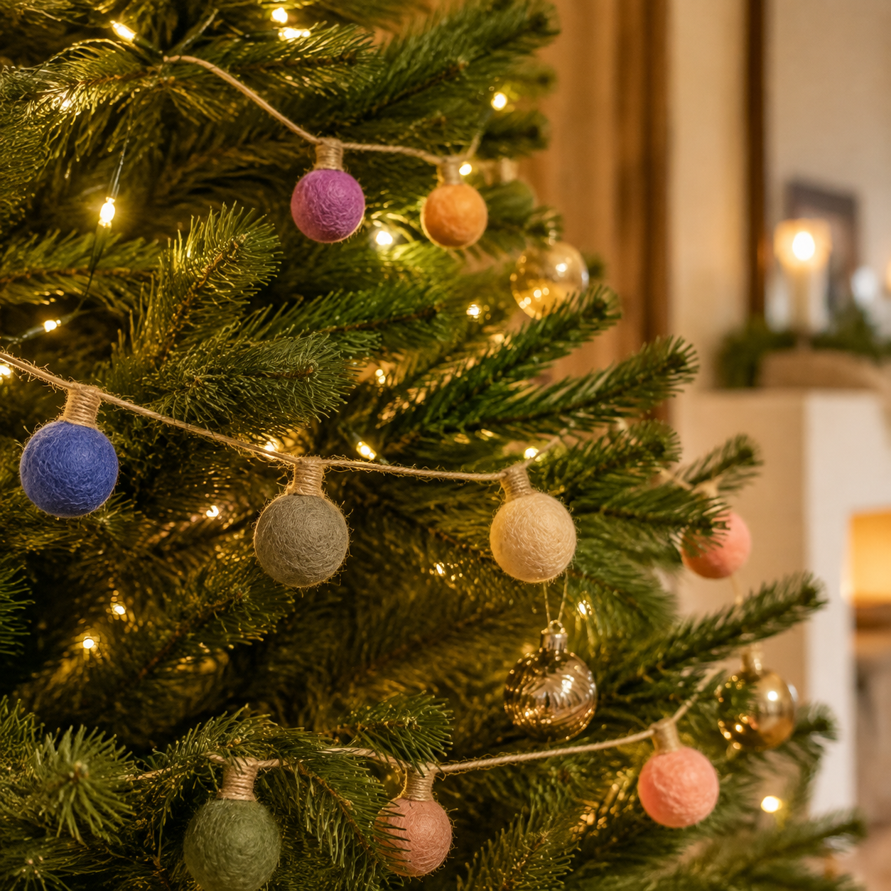Colorful Felt Ball String Lights with Natural Jute Cord showing its structure