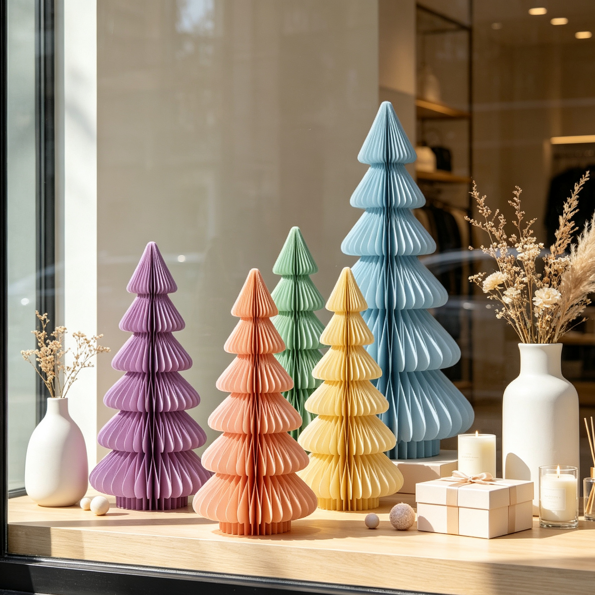 Folded Pastel Honeycomb Paper Christmas Tree Decorations for compact storage and shipping