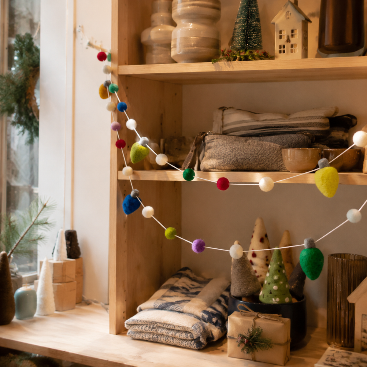 Colorful Felt Bulb String Lights with White Wire showing its structure