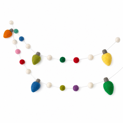 Colorful Felt Bulb String Lights with White Wire on a white background