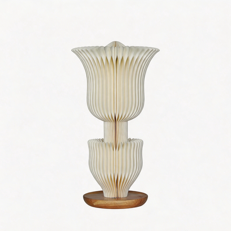 Cream Double Tulip Accordion Paper Table Lamp on a white background