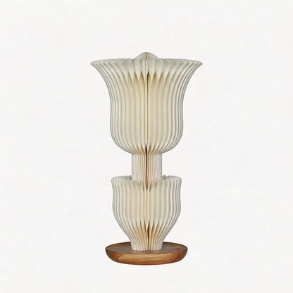 Cream Double Tulip Accordion Paper Table Lamp on a white background