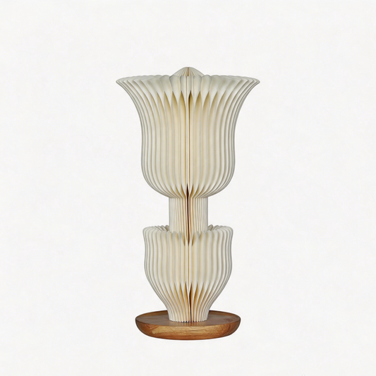 Cream Double Tulip Accordion Paper Table Lamp on a white background