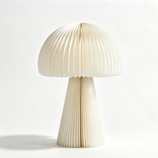 Cream Accordion Folded Mushroom Paper Table Lamp on a white background