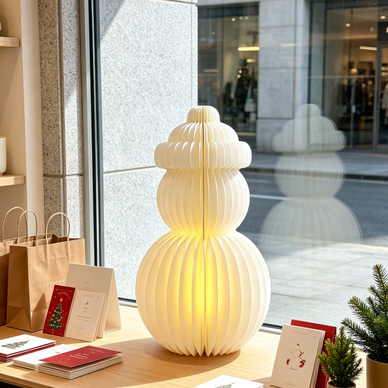Cream Snowman Accordion Paper Christmas Lamp in a modern living room