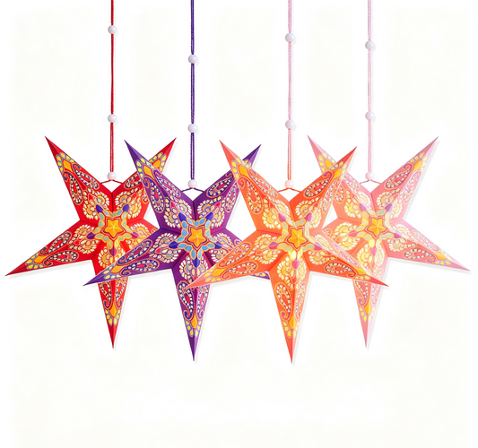 Colorful Printed Five-Point Paper Star Lampshade Set showing its structure