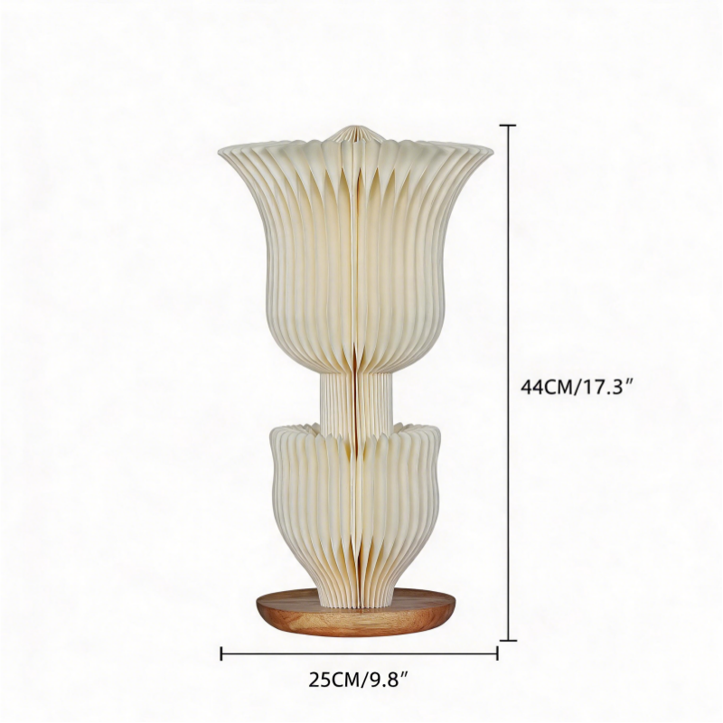 Folded Cream Double Tulip Accordion Paper Table Lamp for compact storage and shipping