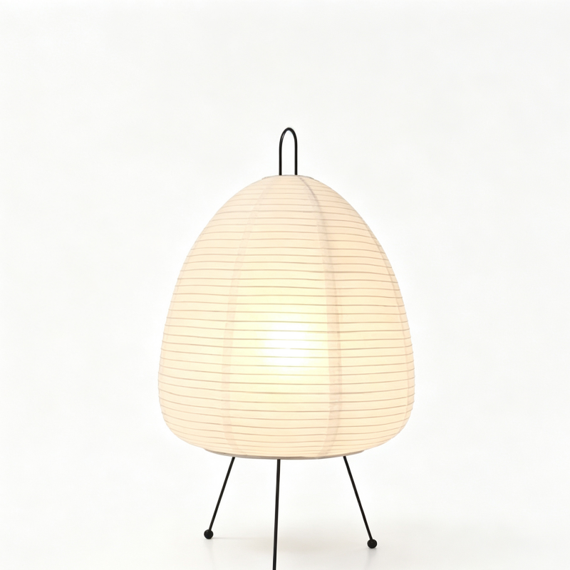 Egg-Shaped Rice Paper Table Lamp with Metal Tripod Stand on a white background