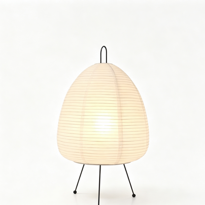 Egg-Shaped Rice Paper Table Lamp with Metal Tripod Stand on a white background