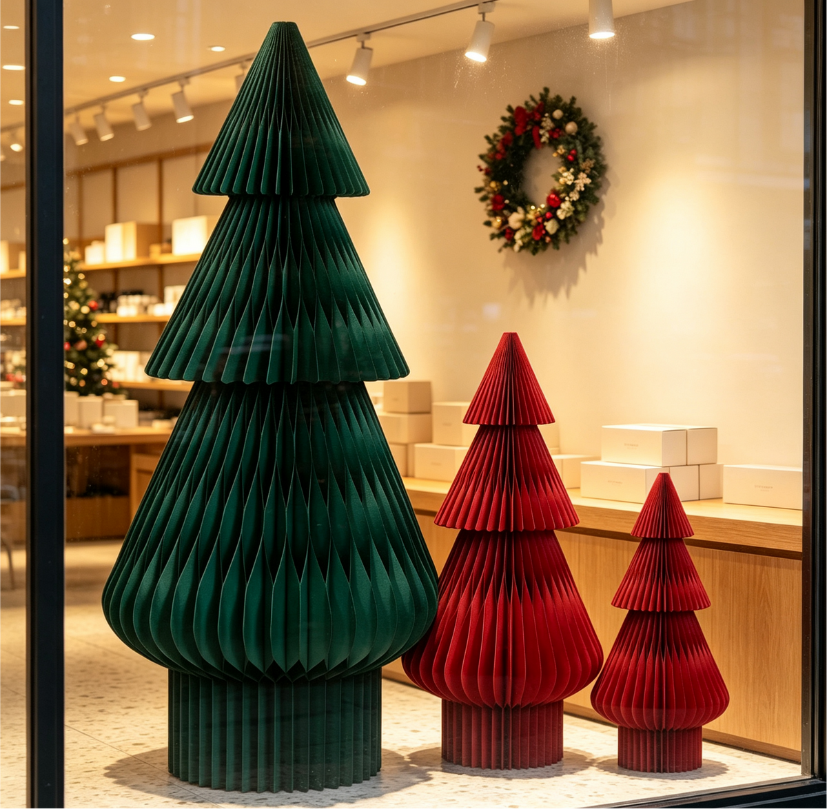 Folded Large Foldable Honeycomb Paper Christmas Tree for compact storage and shipping
