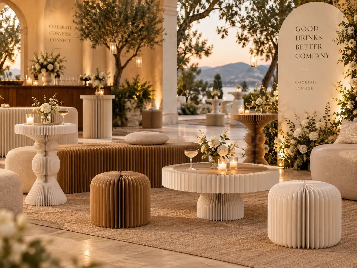 Foldable paper cocktail tables and stools for wedding cocktail hour setups