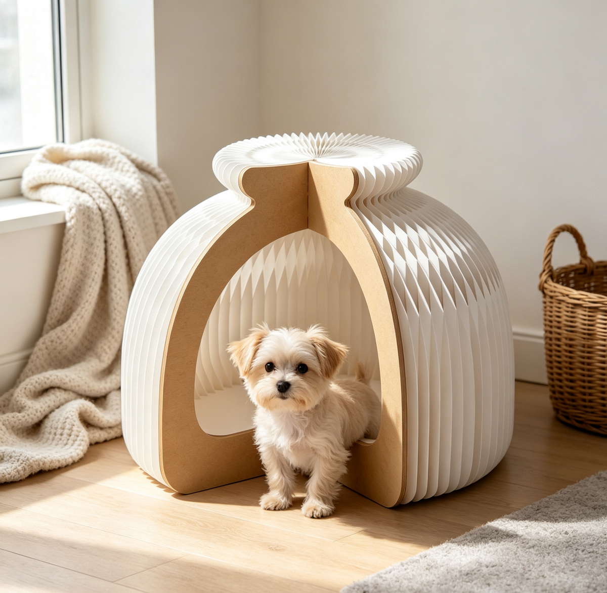 Folded Honeycomb Paper Pet House for compact storage and shipping