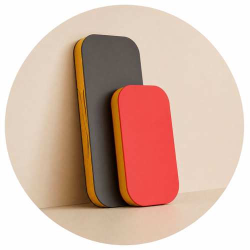 Foldable and compact paper furniture panels in red and gray for easy storage and quick deployment