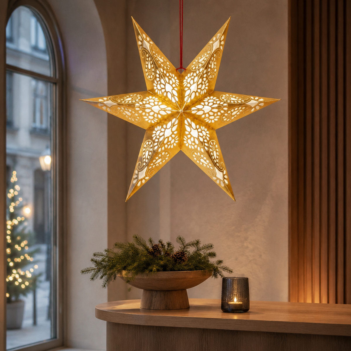 Double-Layered Gold Cutout Paper Star Lampshade showing its structure