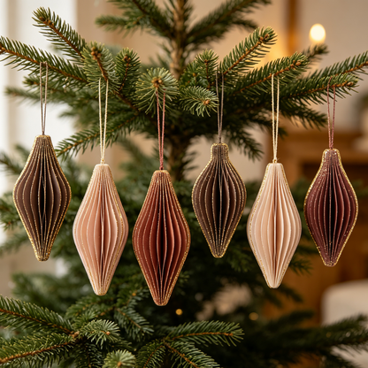 Gold-Trimmed Honeycomb Paper Christmas Ornament Set showing its structure