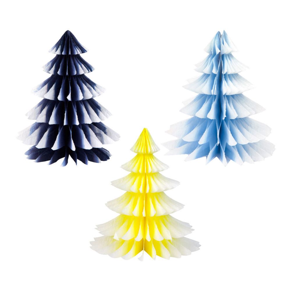 Gradient Honeycomb Paper Christmas Tree Decorations on a white background
