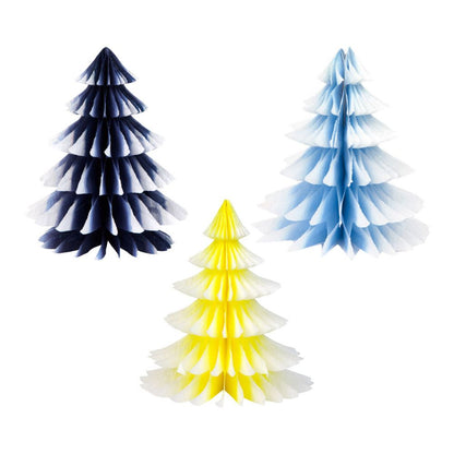 Gradient Honeycomb Paper Christmas Tree Decorations on a white background