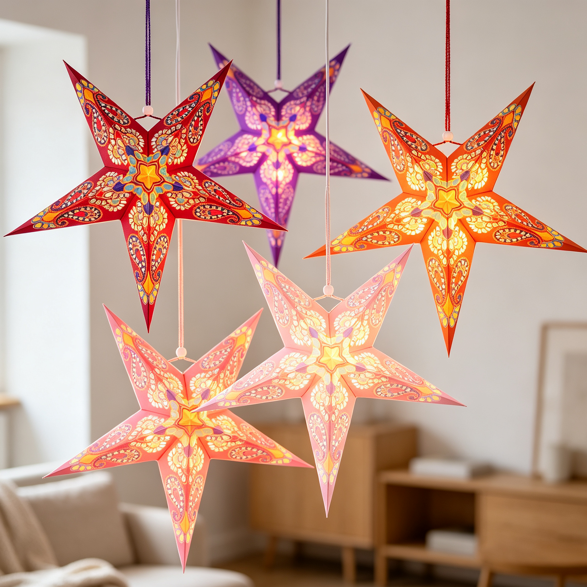 Folded Colorful Printed Five-Point Paper Star Lampshade Set for compact storage and shipping