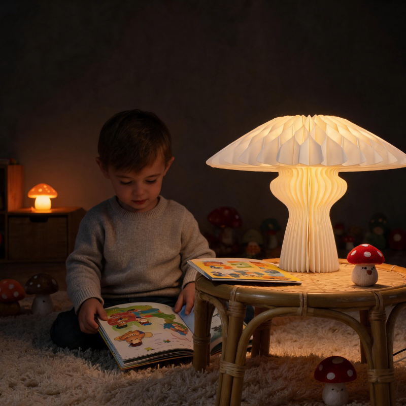 Folded White Mushroom-Shaped Honeycomb Paper Table Lamp for compact storage and shipping