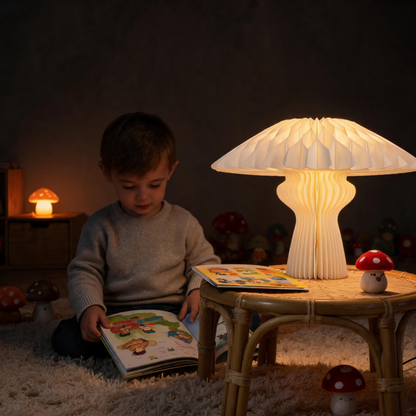 Folded White Mushroom-Shaped Honeycomb Paper Table Lamp for compact storage and shipping