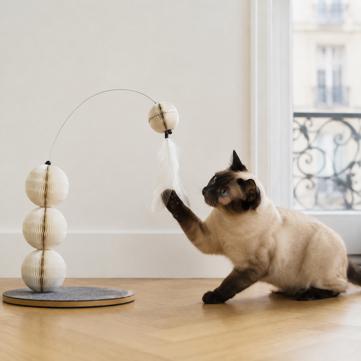 Folded Interactive Honeycomb Paper Cat Toy for compact storage and shipping