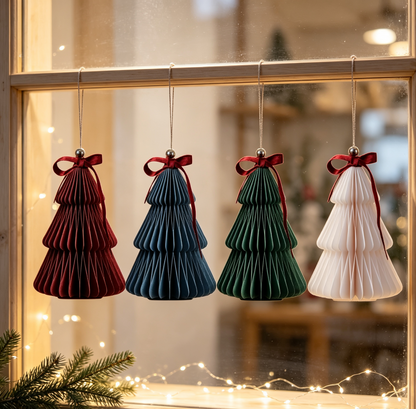 Folded Multicolor Honeycomb Paper Christmas Tree Ornament Set for compact storage and shipping