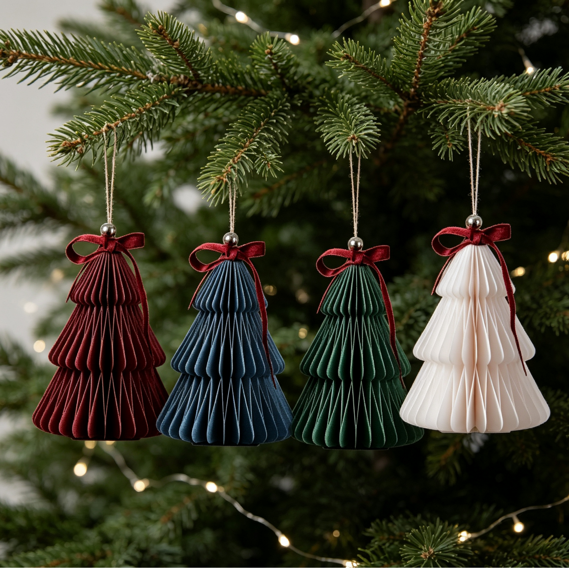 Multicolor Honeycomb Paper Christmas Tree Ornament Set showing its structure