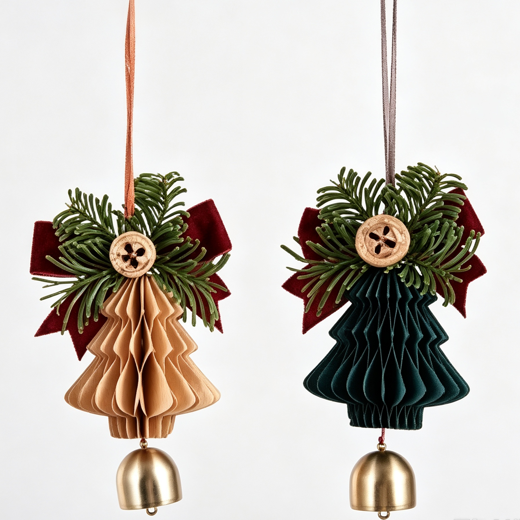 Honeycomb Paper Christmas Tree Ornament Set with Bells on a white background