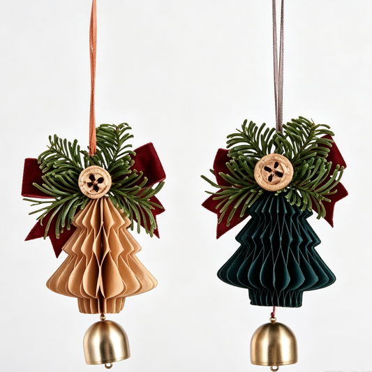 Honeycomb Paper Christmas Tree Ornament Set with Bells on a white background
