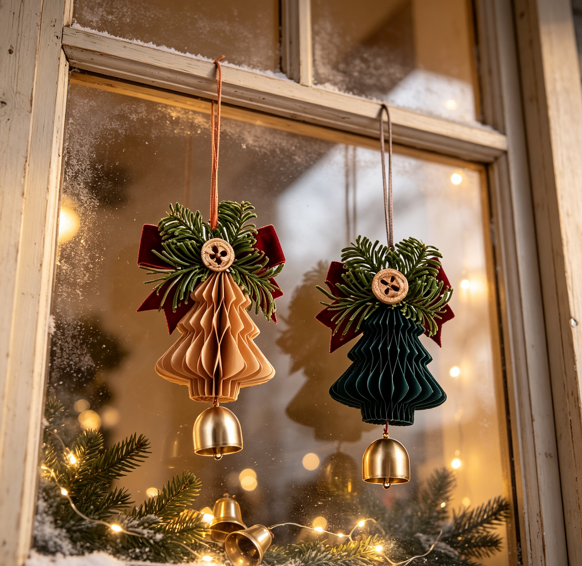 Honeycomb Paper Christmas Tree Ornament Set with Bells showing its structure