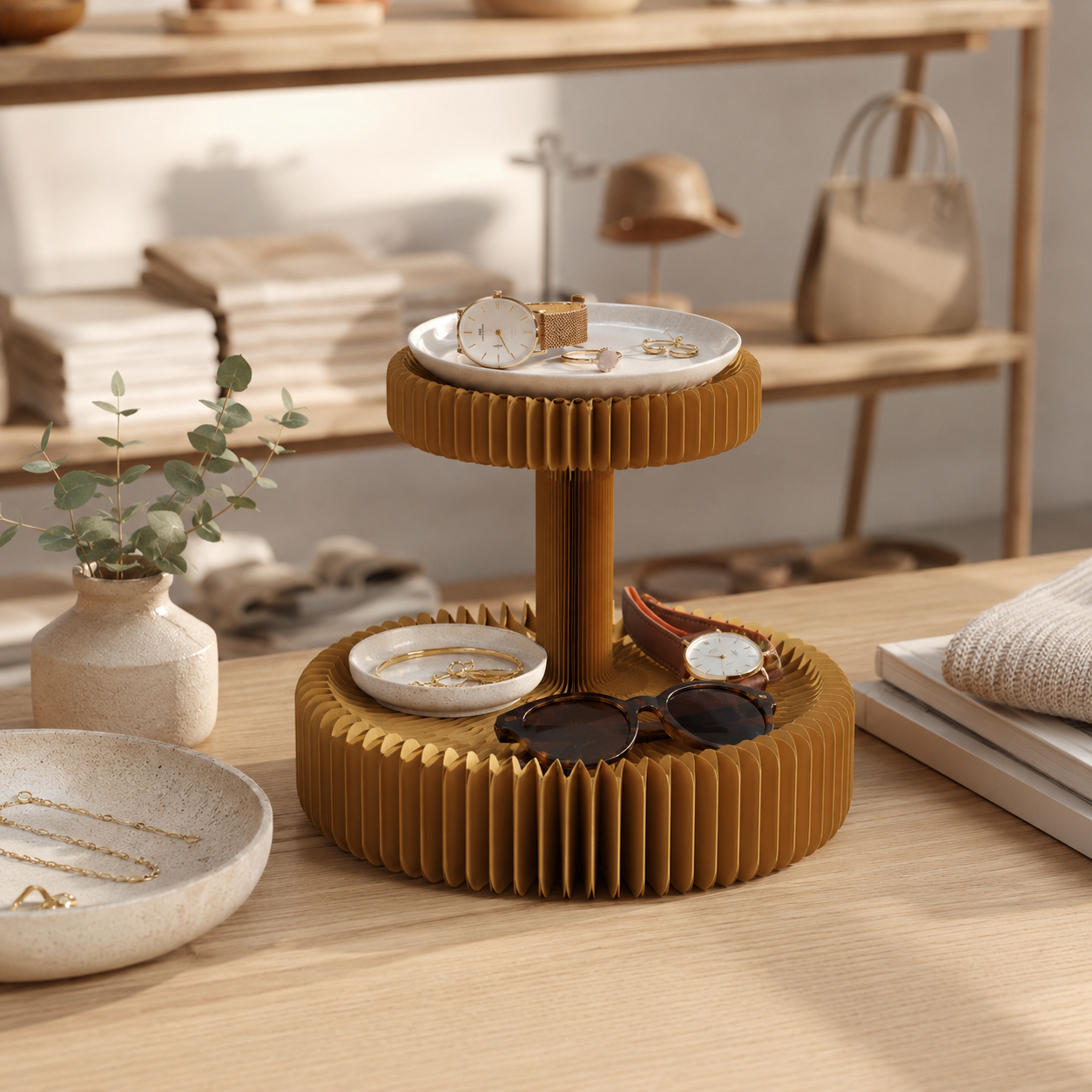 Honeycomb Paper Display Stand for Retail in a modern living room