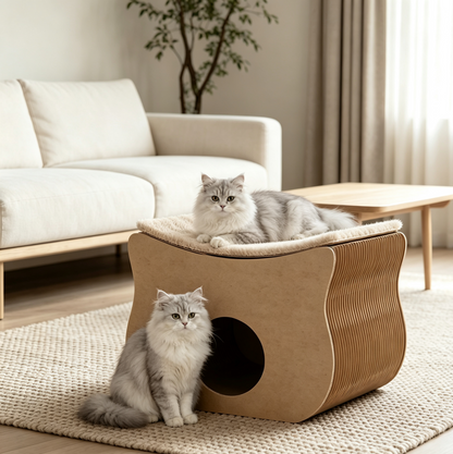 Cat using a paper accordion pet stool in a modern living room