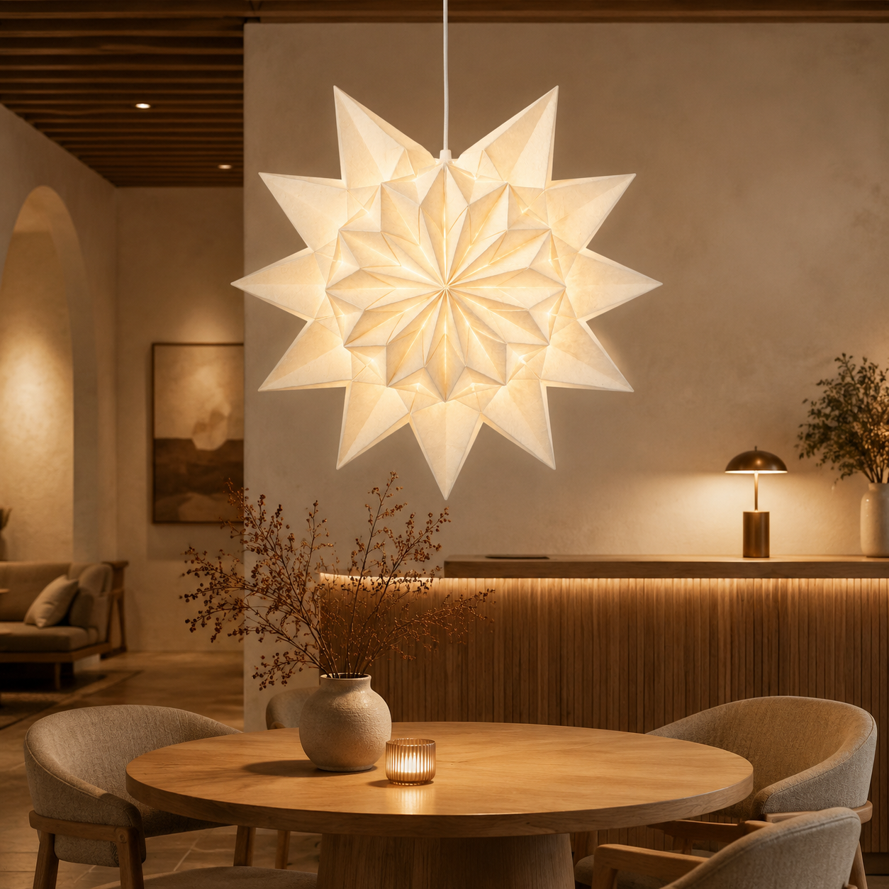 Layered Ivory Paper Star Lampshade showing its structure and design details
