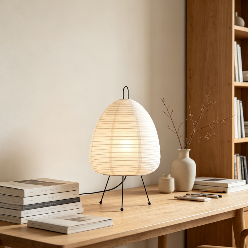 Folded Egg-Shaped Rice Paper Table Lamp with Metal Tripod Stand for compact storage and shipping