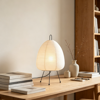 Folded Egg-Shaped Rice Paper Table Lamp with Metal Tripod Stand for compact storage and shipping