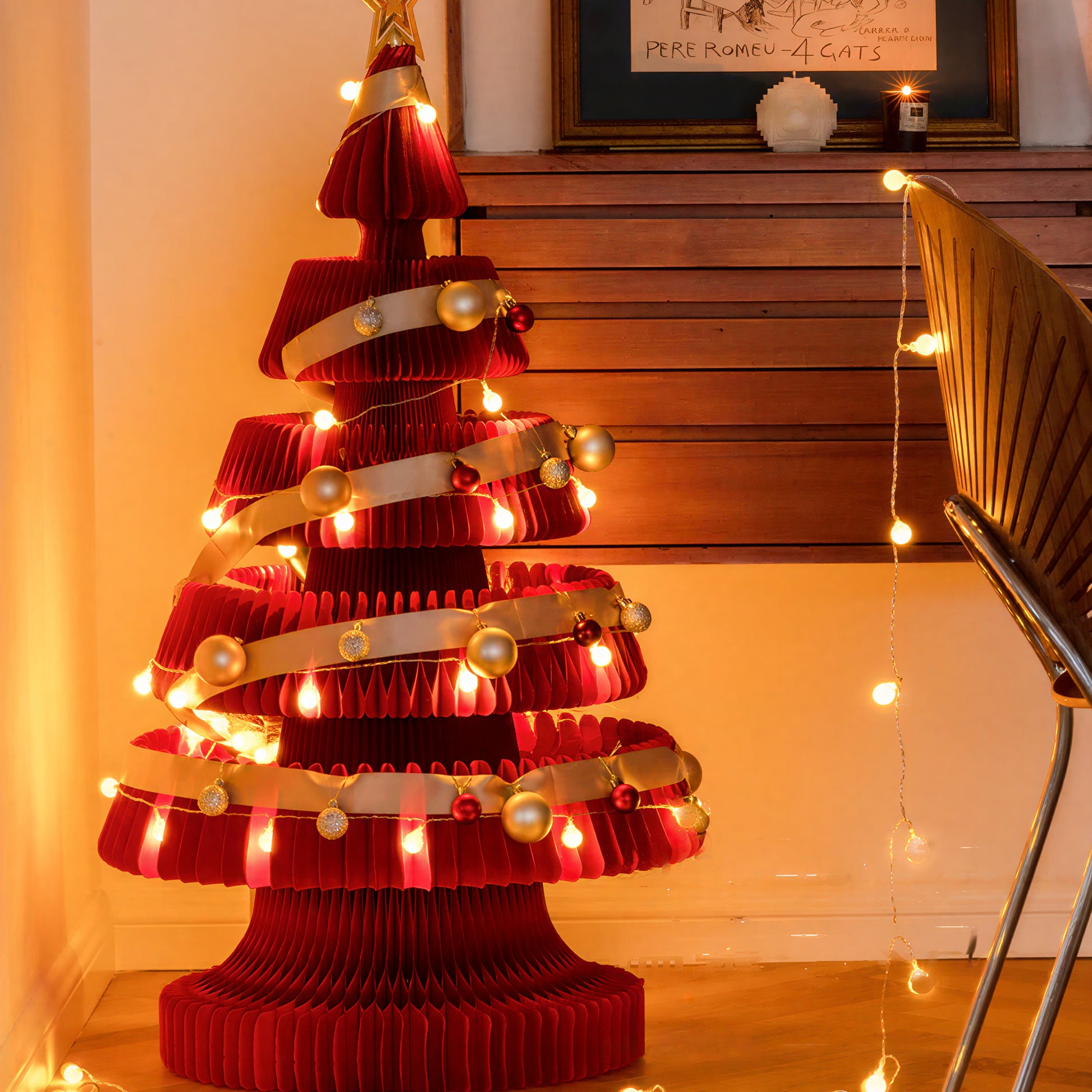 Large Custom Honeycomb Paper Christmas Tree Decoration in a modern living room