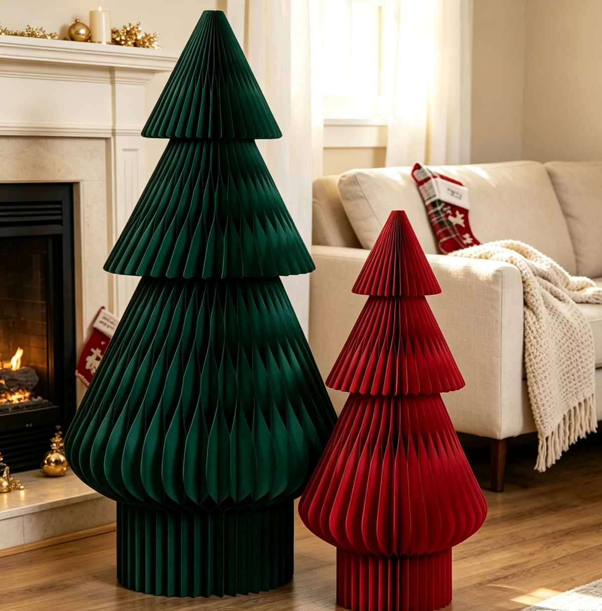 Large Foldable Honeycomb Paper Christmas Tree in a modern living room