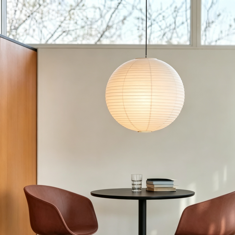 Large Round Rice Paper Pendant Lamp in a retail or exhibition setting