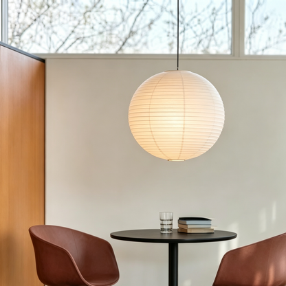 Large Round Rice Paper Pendant Lamp in a retail or exhibition setting