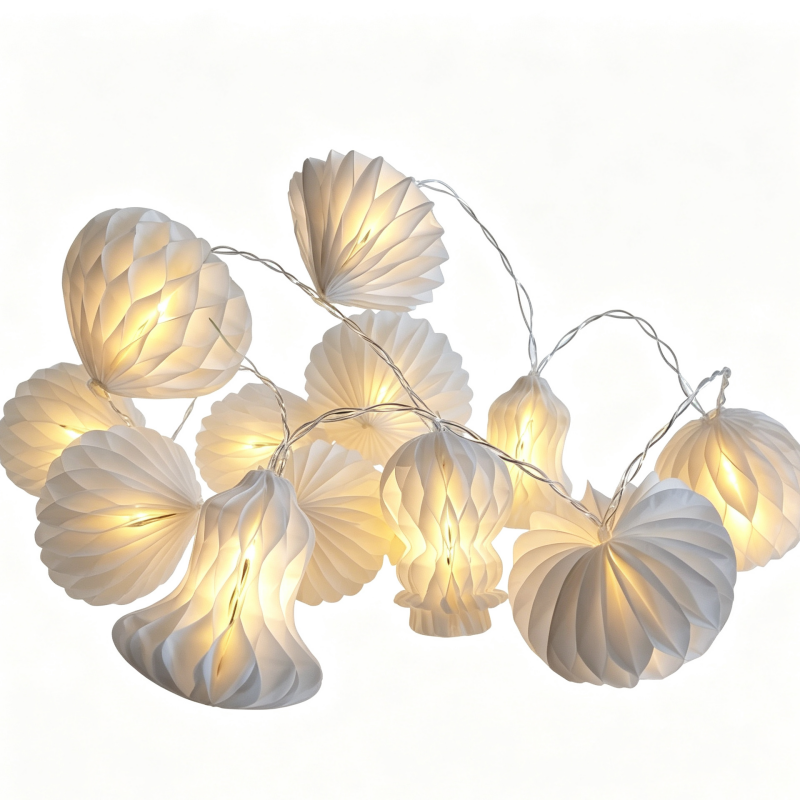 Mixed-Shape White Honeycomb Paper String Lights on a white background