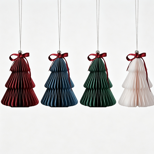 Multicolor Honeycomb Paper Christmas Tree Ornament Set on a white background