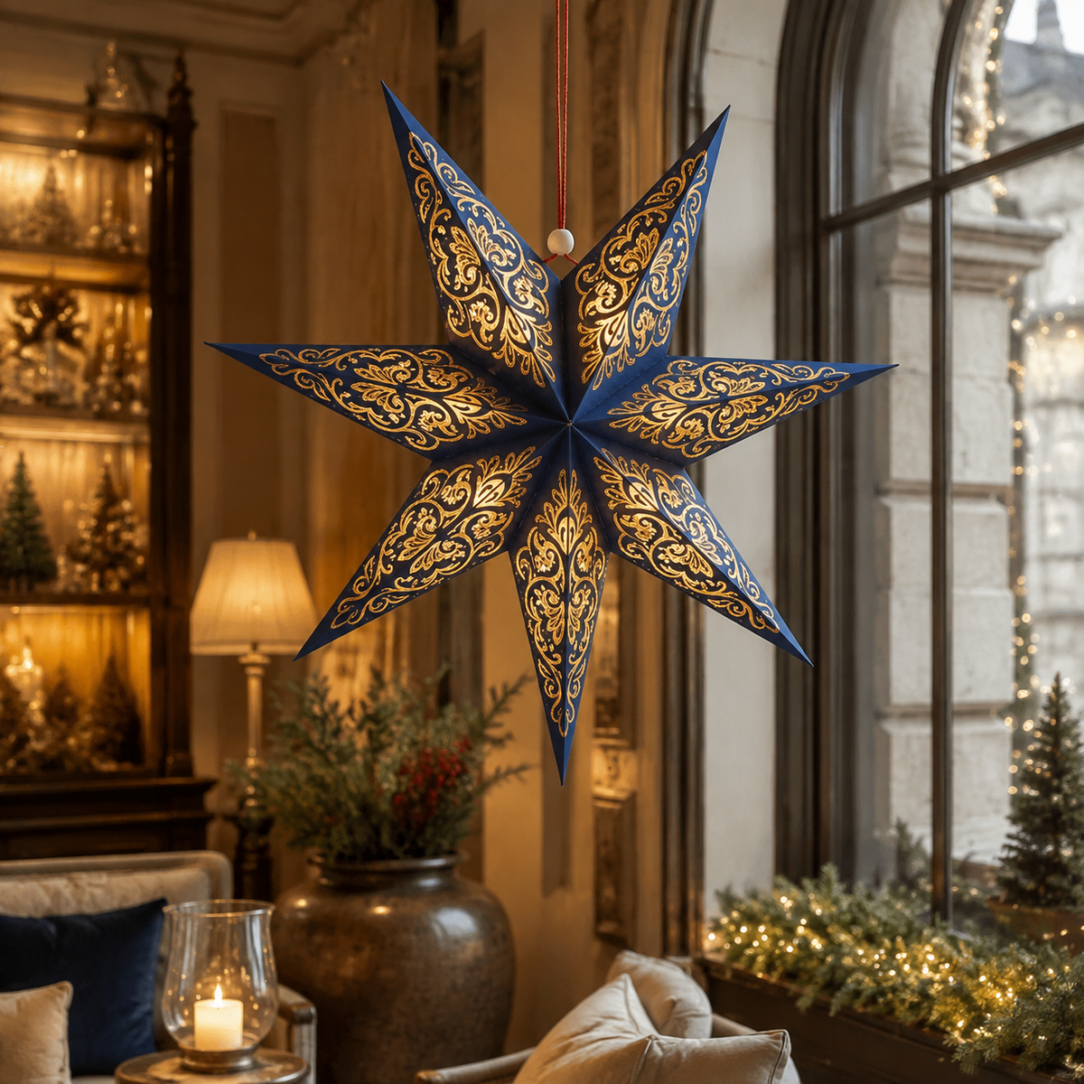 Navy Blue and Gold Moroccan Eight-Point Paper Star Lampshade showing its structure