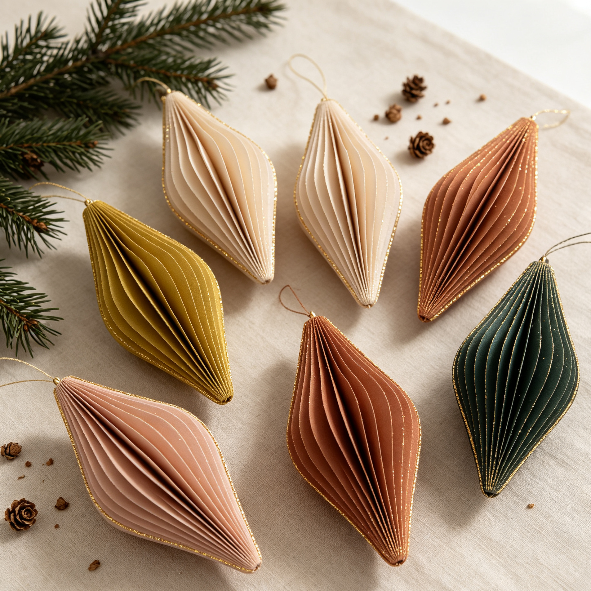Gold-Trimmed Honeycomb Paper Christmas Ornament Set on a white background
