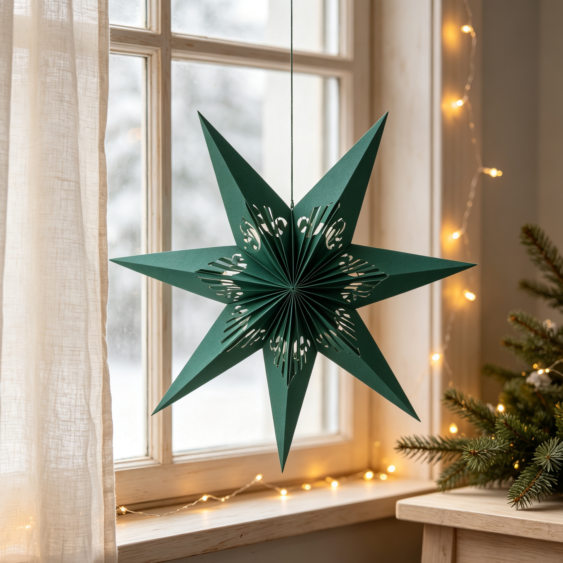 Folded 3D Cutout Paper Christmas Star Ornament for compact storage and shipping