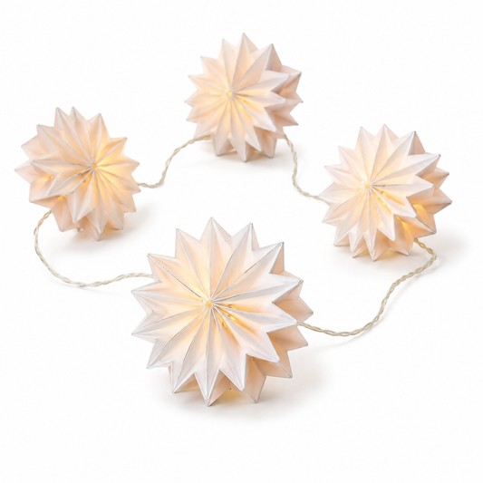 White Origami Starburst Paper String Lights on a white background